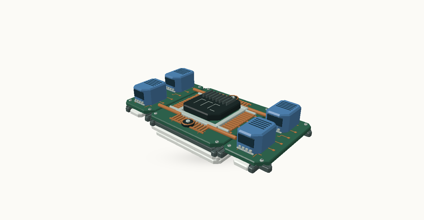 Systems: the same central processor connects to four docked blue modules.