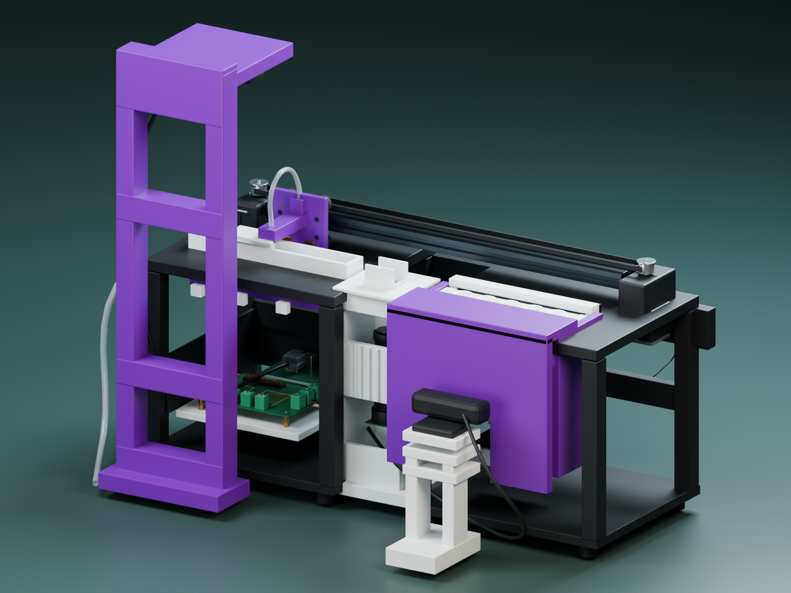 Photo-informed 3D reconstruction showing the complete fruit-fly team prototype, including its gantry, vial carousel, and electronics housing.