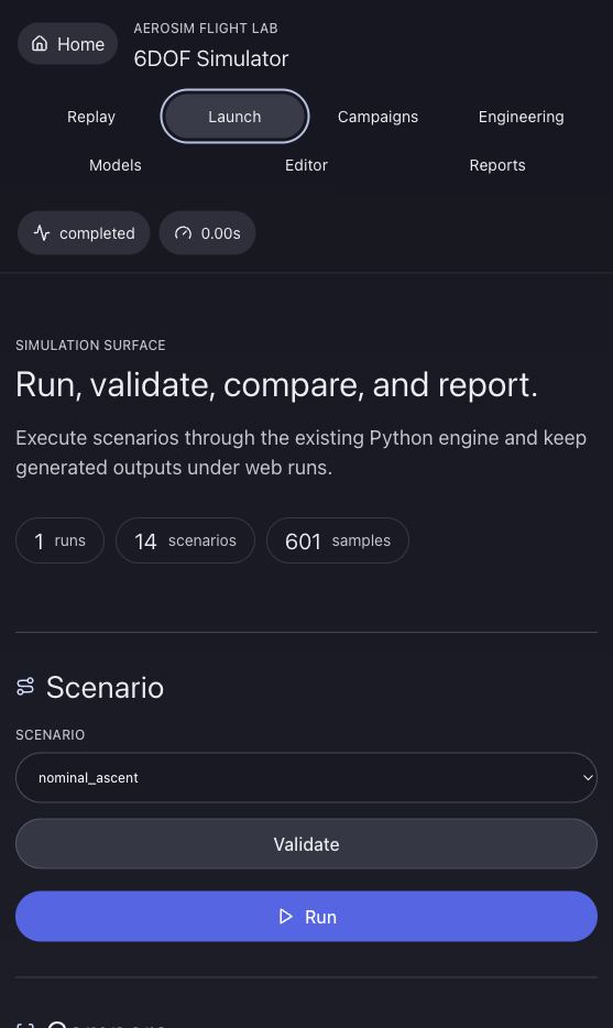 AeroLab scenario workflow with run and validation controls.
